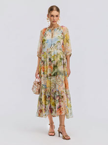 Garden Print Mulberry Silk Dress - Social Queen