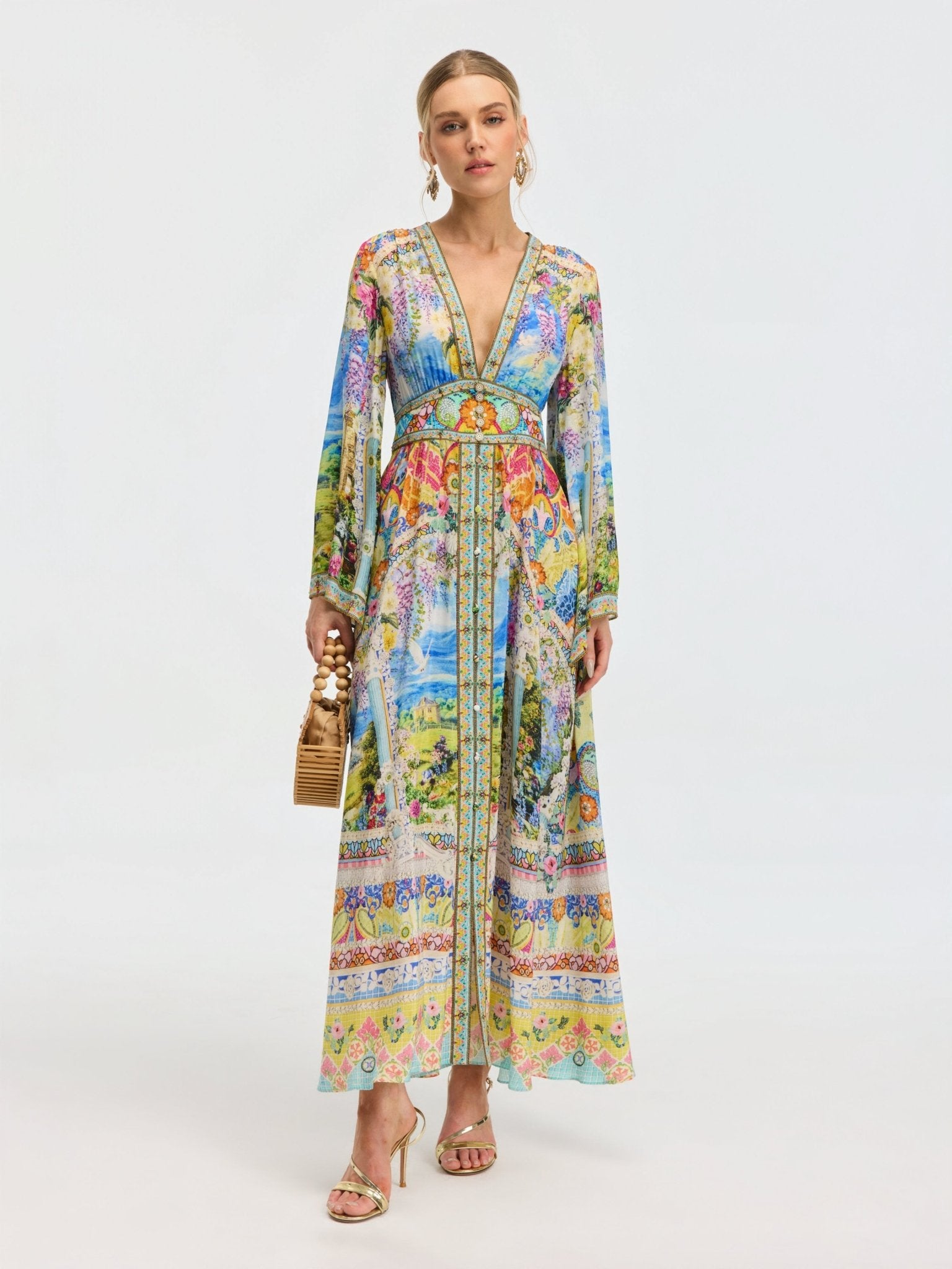 long silk floral dress Garden Print Maxi YELLOW / M Size:36/36 Sleek satin ASOS - Chiffon High gs c Usable Pockets