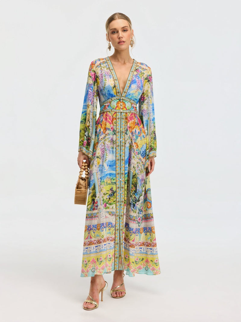 Garden Print Silk Maxi Dress - Social Queen