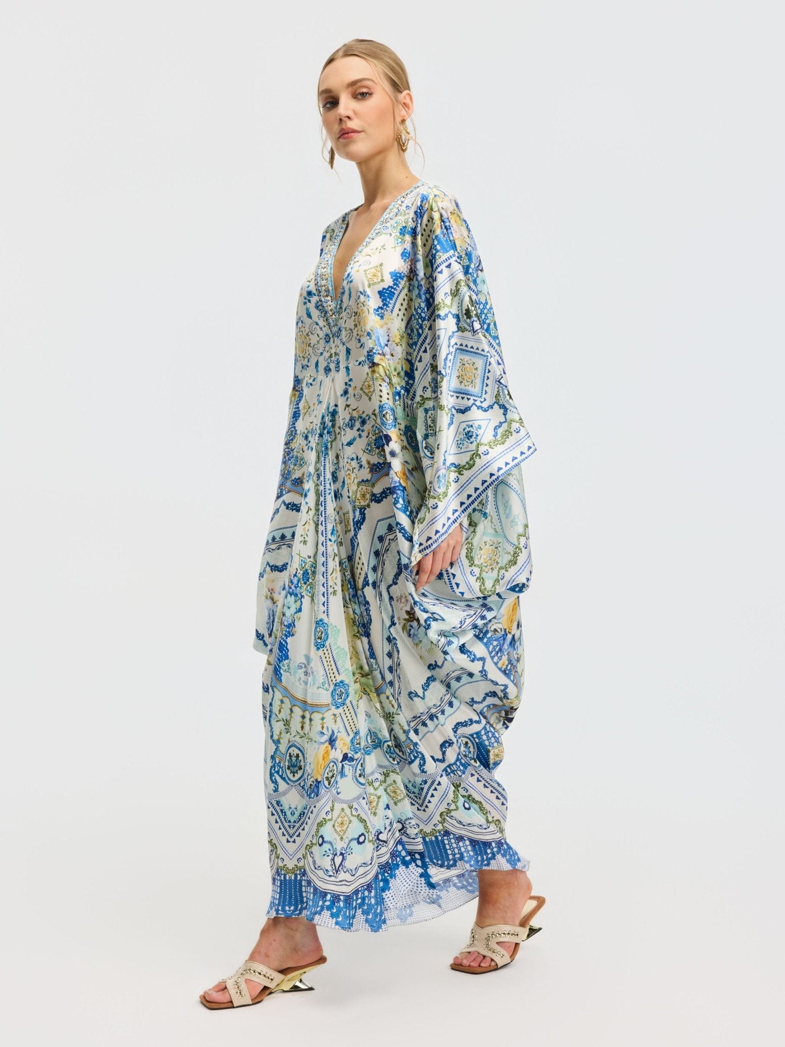 Geometric Floral Mulberry Silk Robe Dress - Social Queen