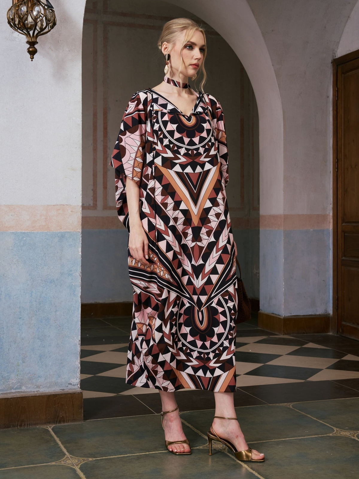 Geometric Motif Print Silk Dress (Scarf Included) - Social Queen