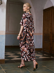 Geometric Motif Print Silk Dress (Scarf Included) - Social Queen