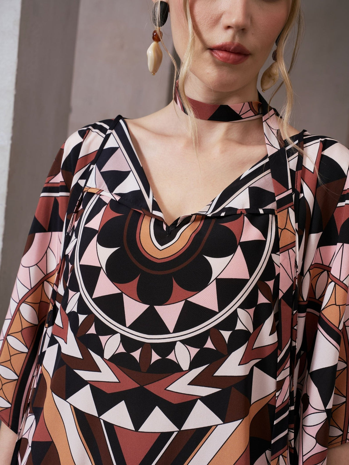 Geometric Motif Print Silk Dress (Scarf Included) - Social Queen