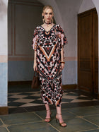 Geometric Motif Print Silk Dress (Scarf Included) - Social Queen