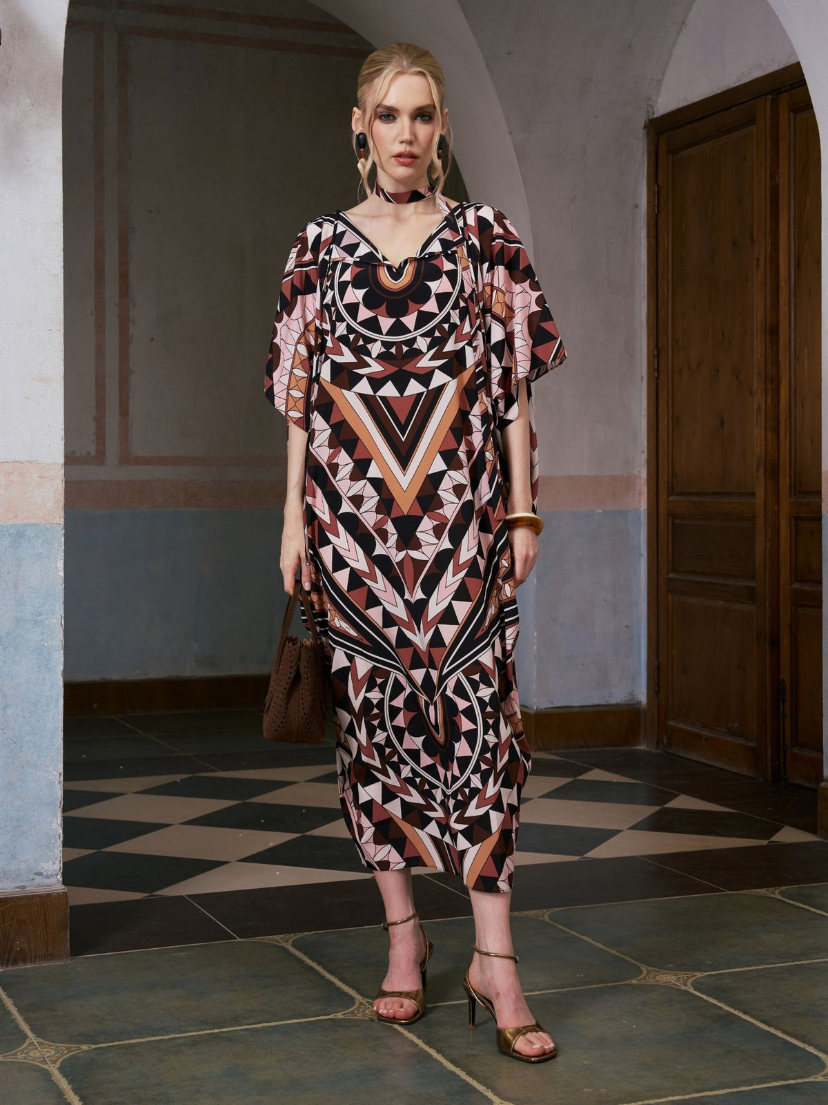 Geometric Motif Print Silk Dress (Scarf Included) - Social Queen