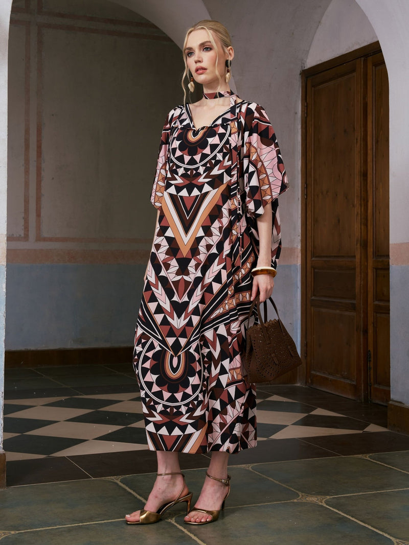 Geometric Motif Print Silk Dress (Scarf Included) - Social Queen