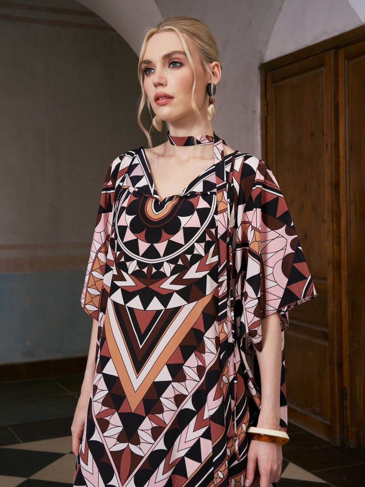 Geometric Motif Print Silk Dress (Scarf Included) - Social Queen