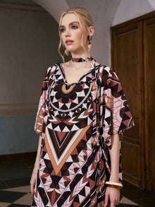 Geometric Motif Print Silk Dress (Scarf Included) - Social Queen