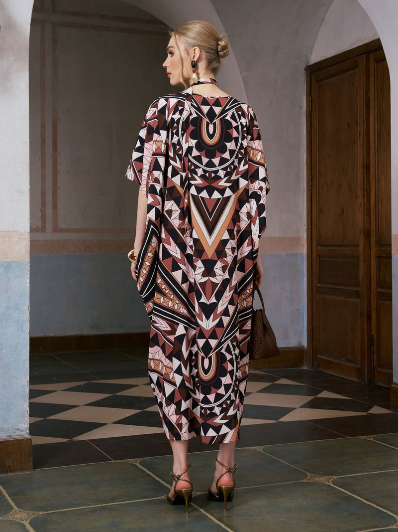 Geometric Motif Print Silk Dress (Scarf Included) - Social Queen