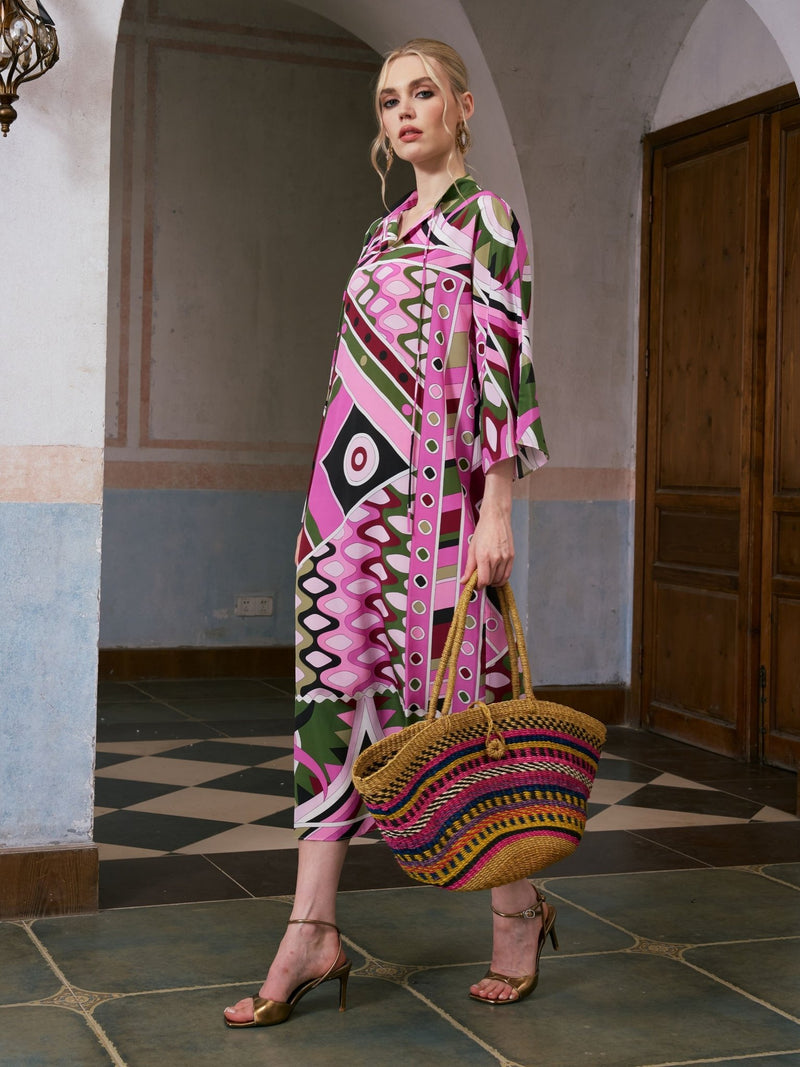 Geometric Print Mulberry Silk Dress - Social Queen