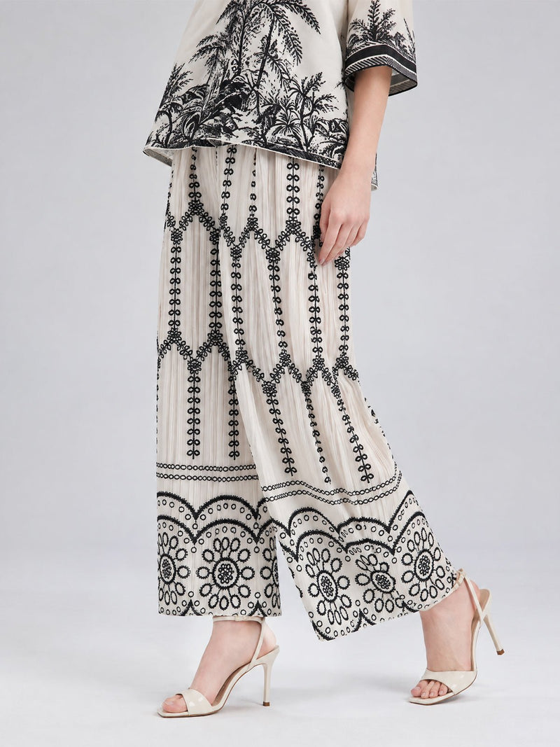 Geometric Print Pleated Wide-Leg Pants - Social Queen