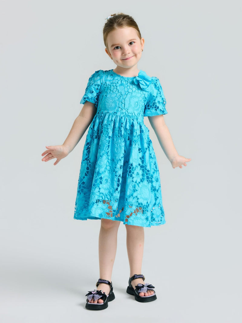 Girls 3D Floral Appliqué Cutwork Lace Dress - Social Queen