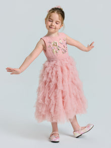 Girls Floral Sequin Tiered Tulle Midi Dress - Social Queen