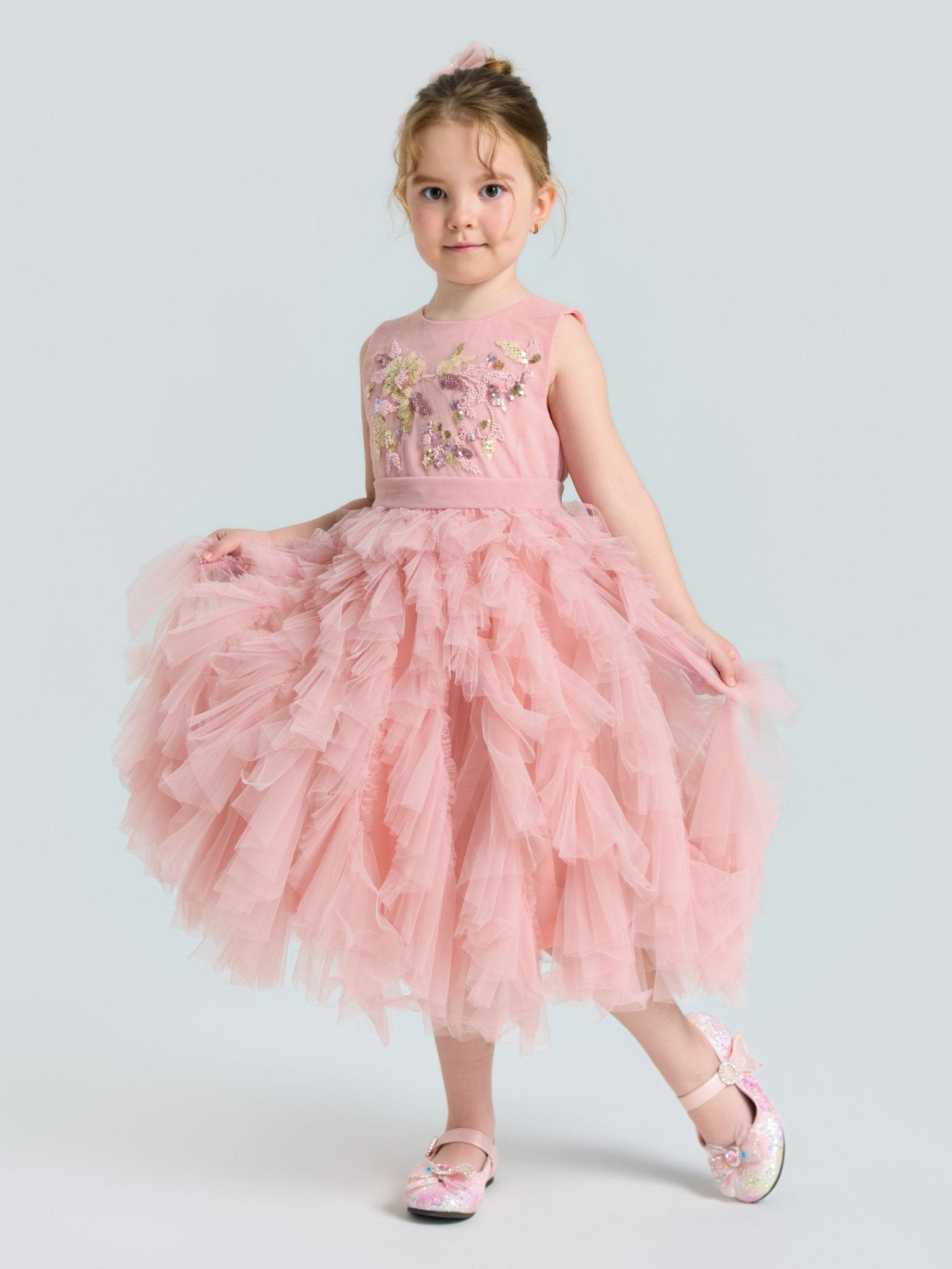 Girls Floral Sequin Tiered Tulle Midi Dress - Social Queen