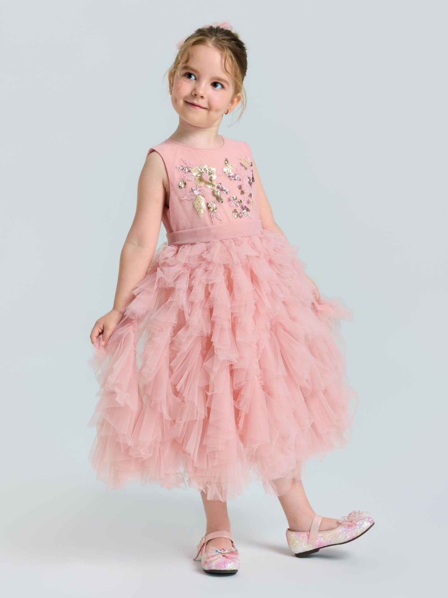 Girls Floral Sequin Tiered Tulle Midi Dress - Social Queen
