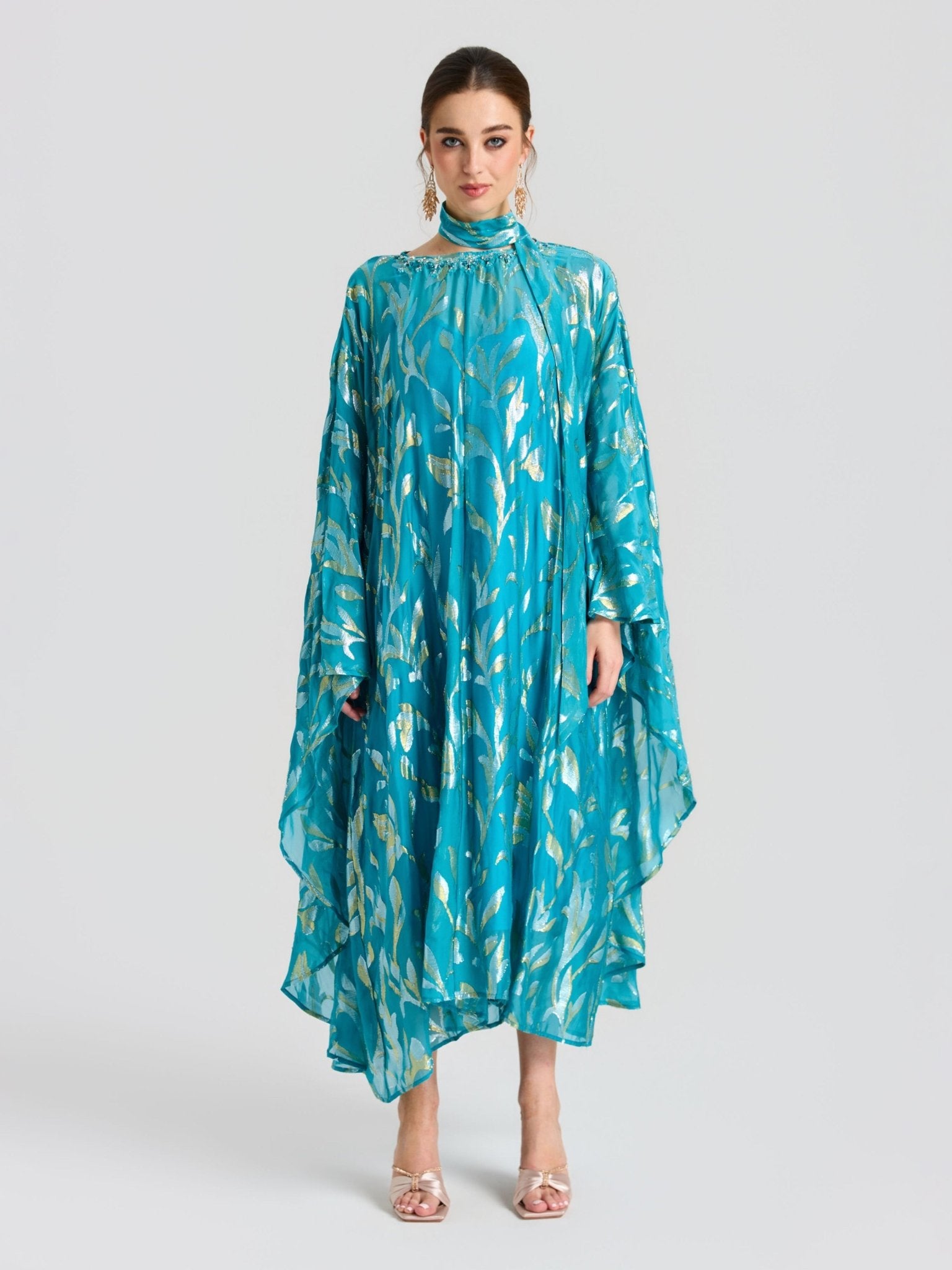 Gold Botanical Jacquard Silk Dress - Social Queen