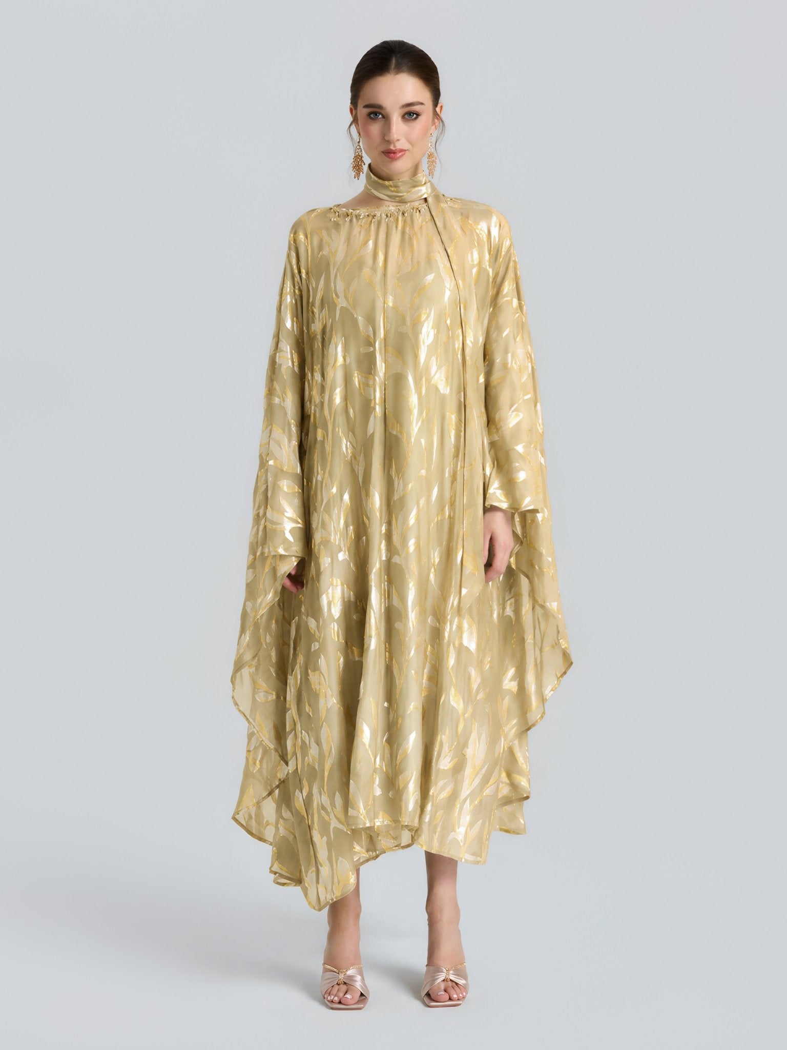 Gold Botanical Jacquard Silk Dress - Social Queen