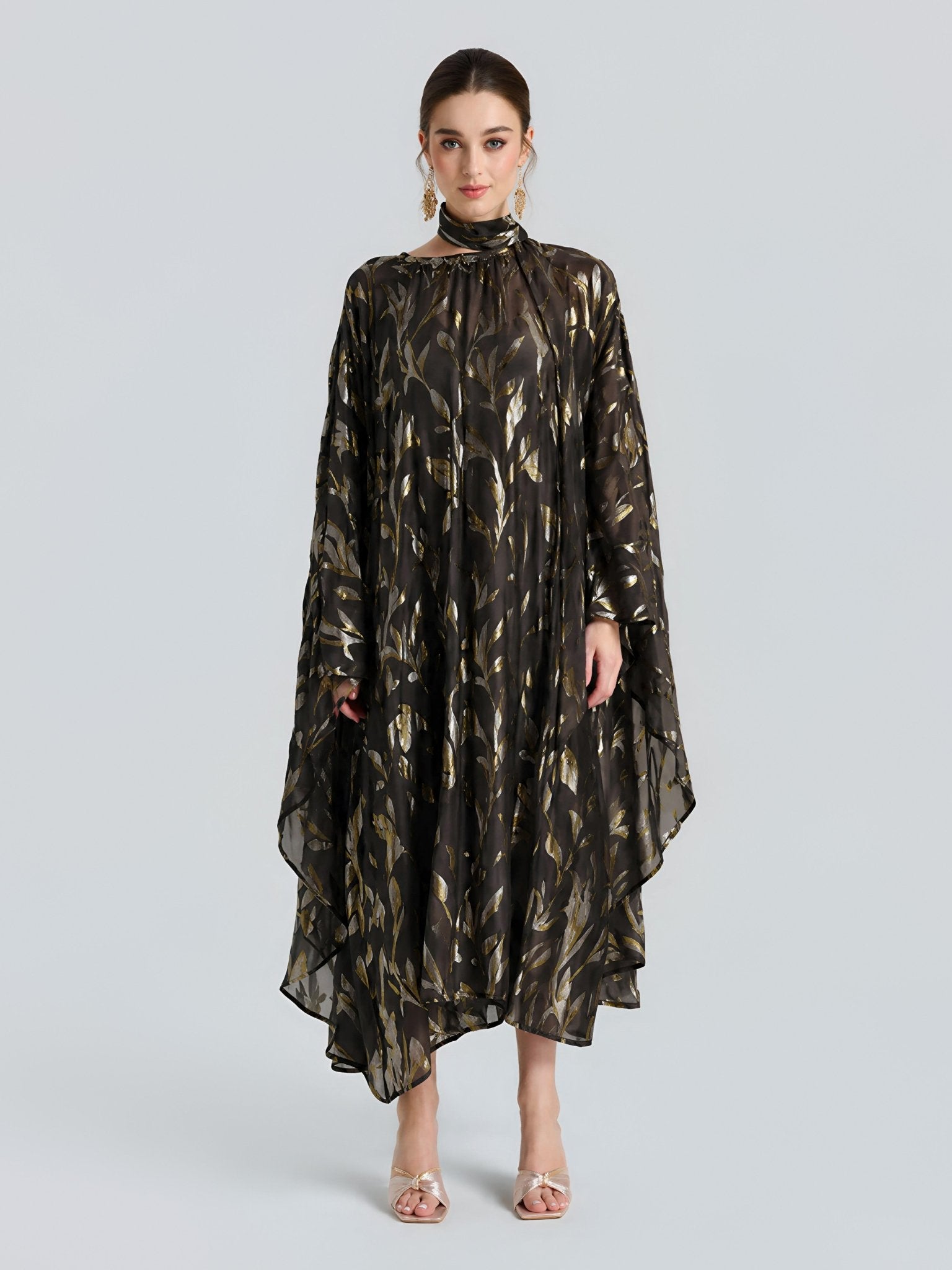 Gold Botanical Jacquard Silk Dress - Social Queen