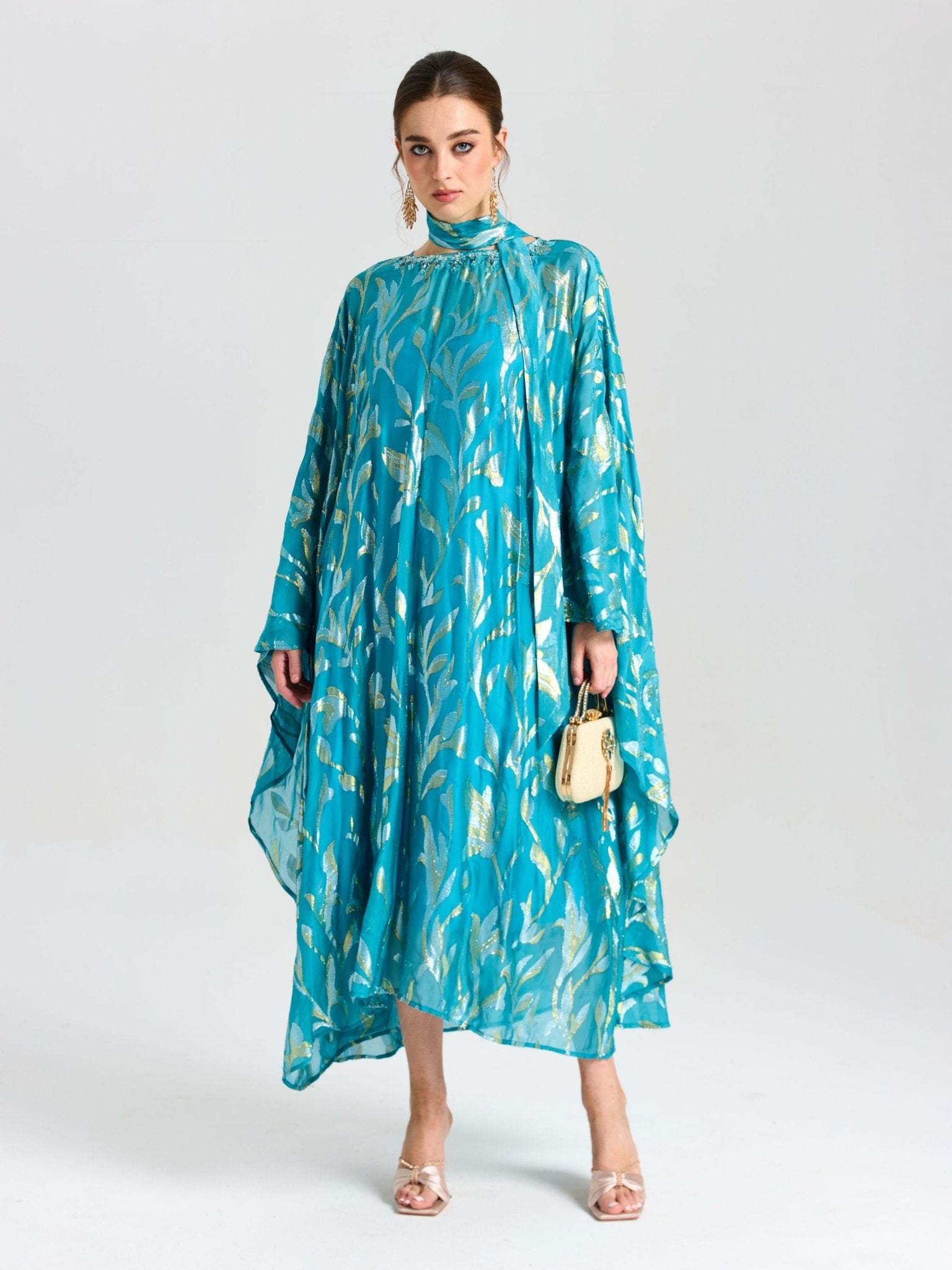 Gold Botanical Jacquard Silk Dress - Social Queen