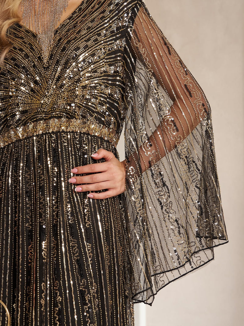 Gold Radiant Beaded V - Neck Dress - Social Queen