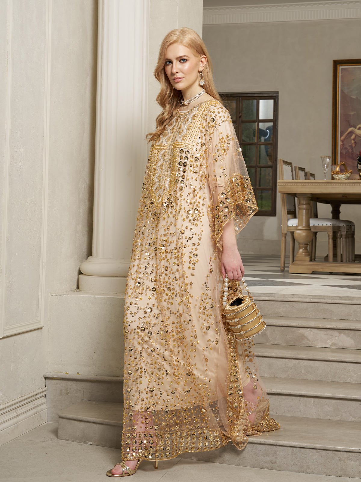sequin cape dress Long Fitted Formal Beaded Fringe GLS Style GOLD Sequin Beaded Tulle Cape