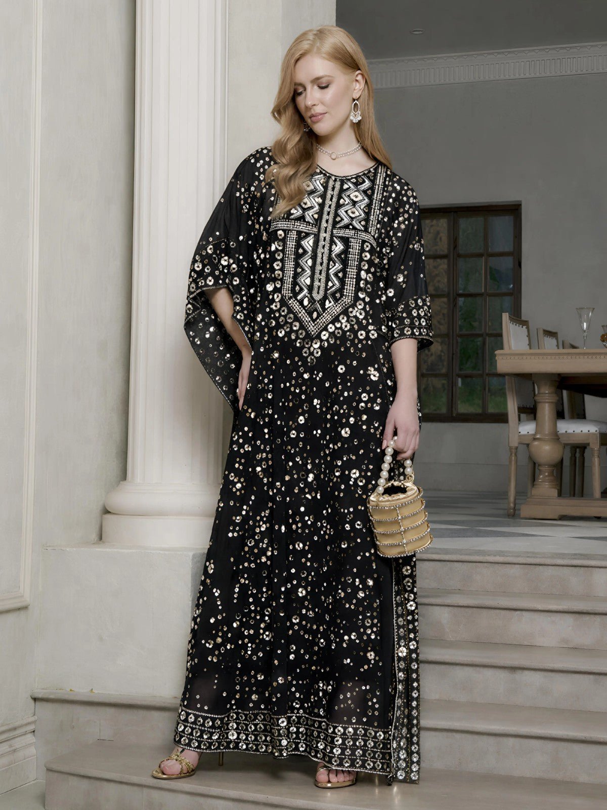 Gold Sequin Beaded Tulle Cape Dress Black SILVER / OS