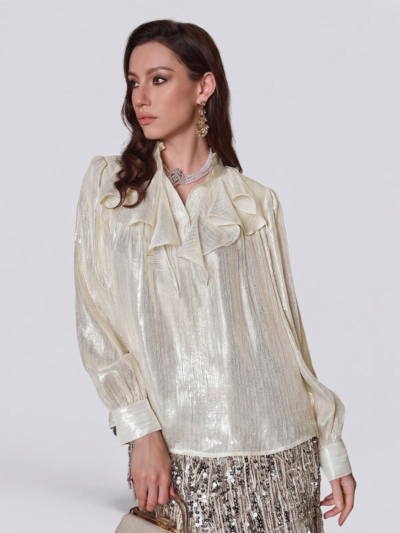 Golden Silk Ribbon Tie Blouse - Social Queen