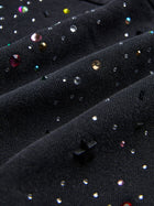 Close-up of the Social Queen Hand-Applied Rhinestone Washed Hoodie featuring black fabric adorned with multicolored hand-applied rhinestones and beads for unique detailing.
