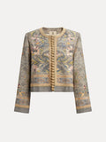 Social Queen’s Hand-Beaded Printed Jacket features long sleeves, a cropped fit, intricate floral and paisley embroidery, gold-toned trim, and decorative front buttons.