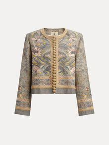 Social Queen’s Hand-Beaded Printed Jacket features long sleeves, a cropped fit, intricate floral and paisley embroidery, gold-toned trim, and decorative front buttons.
