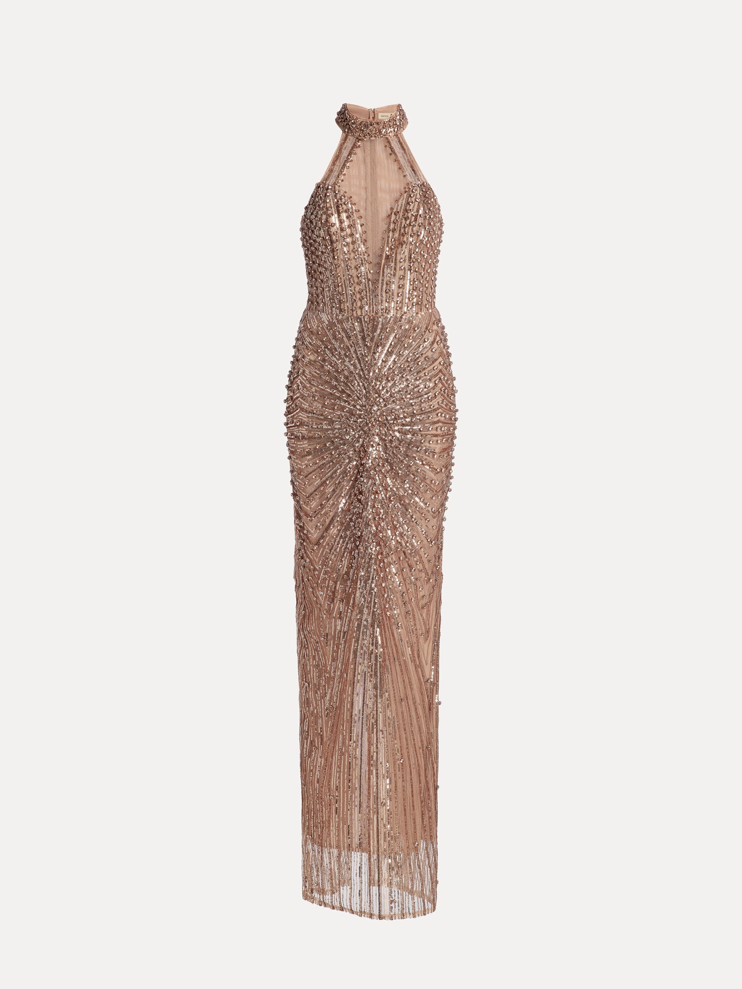 The Hand-Beaded Sequin Halter Mermaid Gown by Social Queen is a sleeveless, floor-length rose gold dress with a halter neckline and sunburst beaded embellishments, elegantly accentuating its fitted mermaid silhouette.