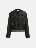 The Social Queen Hand-Beaded Tweed Fringe Jacket features front buttons, four pockets, embellished trim, fringe at the hem, and a cropped silhouette in chic black-and-gold.