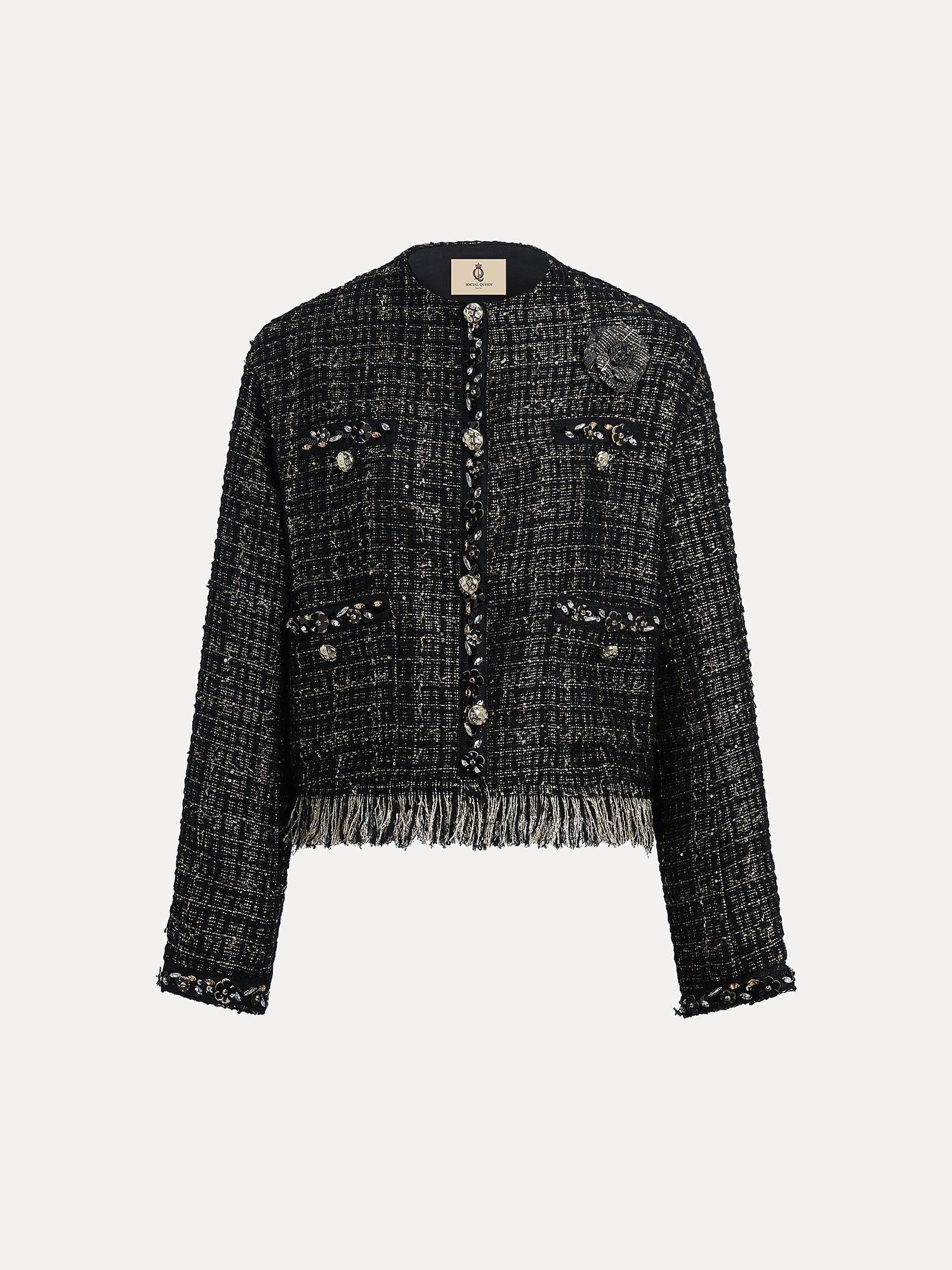 The Social Queen Hand-Beaded Tweed Fringe Jacket features front buttons, four pockets, embellished trim, fringe at the hem, and a cropped silhouette in chic black-and-gold.