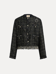 The Social Queen Hand-Beaded Tweed Fringe Jacket features front buttons, four pockets, embellished trim, fringe at the hem, and a cropped silhouette in chic black-and-gold.