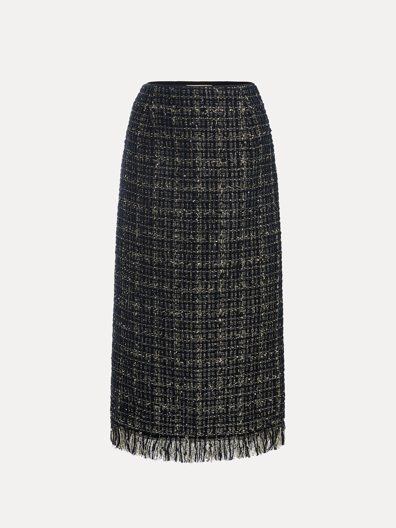 The Hand-Beaded Tweed Fringe Slit Skirt by Social Queen is a knee-length, straight-cut black-and-gold tweed skirt with hand-applied beadwork and a fringed hem, displayed against a plain white background.