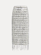 The Social Queen Hand-Embellished Sequin Fringe Skirt is a high-waisted skirt with a silver sequin grid pattern and fringe detailing at the hem.