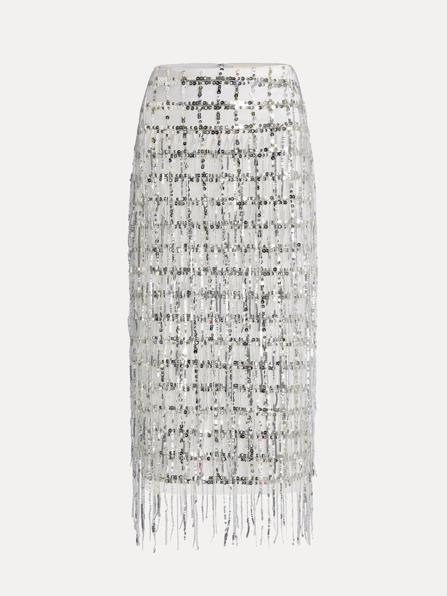 The Social Queen Hand-Embellished Sequin Fringe Skirt is a high-waisted skirt with a silver sequin grid pattern and fringe detailing at the hem.