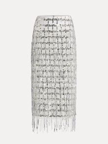 The Social Queen Hand-Embellished Sequin Fringe Skirt is a high-waisted skirt with a silver sequin grid pattern and fringe detailing at the hem.