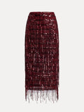 The Social Queen Hand-Embellished Sequin Fringe Skirt features a burgundy high-waisted design with a grid sequin pattern and fringe hem, shown on a plain white background.
