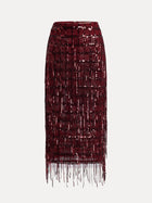 The Social Queen Hand-Embellished Sequin Fringe Skirt features a burgundy high-waisted design with a grid sequin pattern and fringe hem, shown on a plain white background.