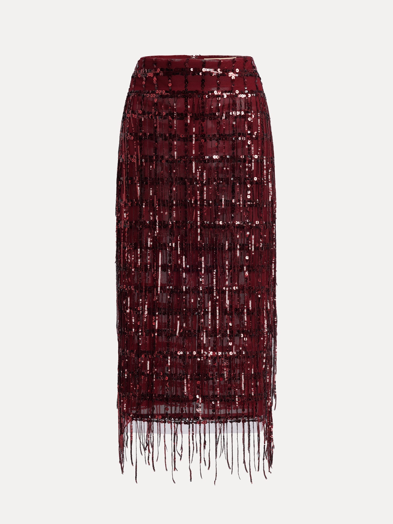 The Social Queen Hand-Embellished Sequin Fringe Skirt features a burgundy high-waisted design with a grid sequin pattern and fringe hem, shown on a plain white background.
