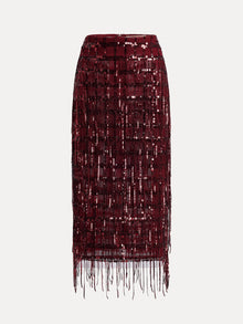 The Social Queen Hand-Embellished Sequin Fringe Skirt features a burgundy high-waisted design with a grid sequin pattern and fringe hem, shown on a plain white background.