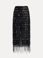 The Social Queen Hand-Embellished Sequin Fringe Skirt is a high waisted black midi skirt with sequins and elegant fringe, shown against a plain white background.
