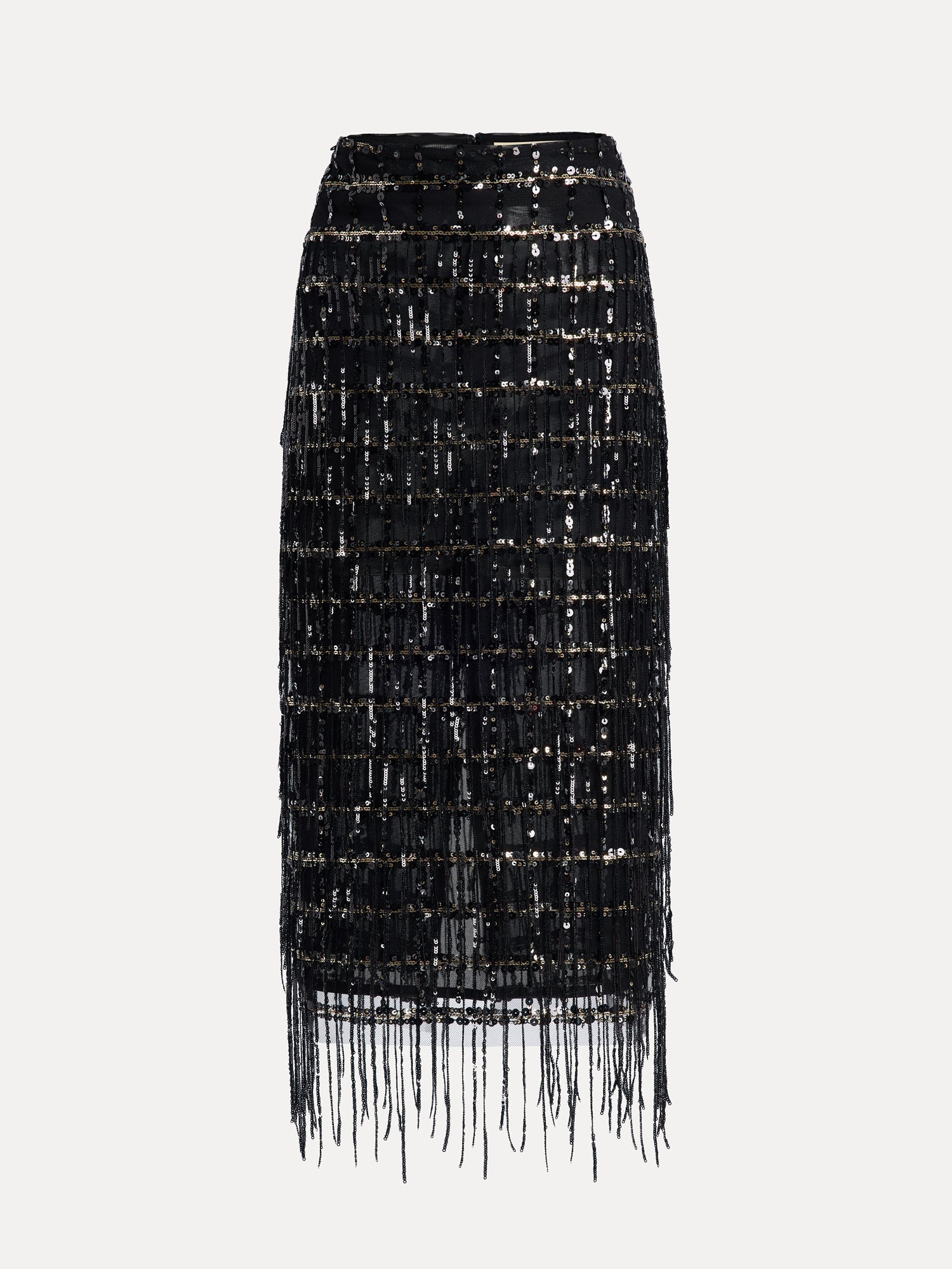 The Social Queen Hand-Embellished Sequin Fringe Skirt is a high waisted black midi skirt with sequins and elegant fringe, shown against a plain white background.