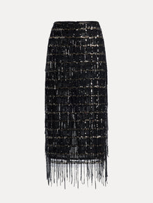 The Social Queen Hand-Embellished Sequin Fringe Skirt is a high waisted black midi skirt with sequins and elegant fringe, shown against a plain white background.