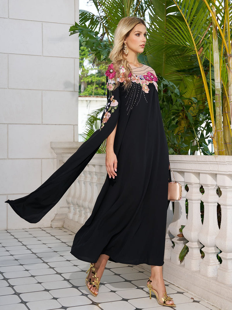 Hand - Embroidered Floral Cape Gown - Social Queen