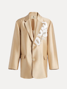 The Social Queen Hand-Embroidered Floral Silk-Wool Jacket features champagne satin, pearl buttons, front pockets, and sequin floral embroidery on the left chest.