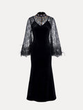 The Social Queen Hand-Sewn Crystal Velvet Feather Mermaid Gown features black velvet, sheer lace bell sleeves, a high collar, jeweled neckline embellishments, and elegant lace details.