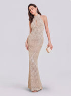 Hand-Sewn Pearl & Sequin Halter Gown - Social Queen