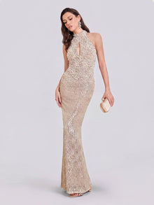 Hand-Sewn Pearl & Sequin Halter Gown - Social Queen